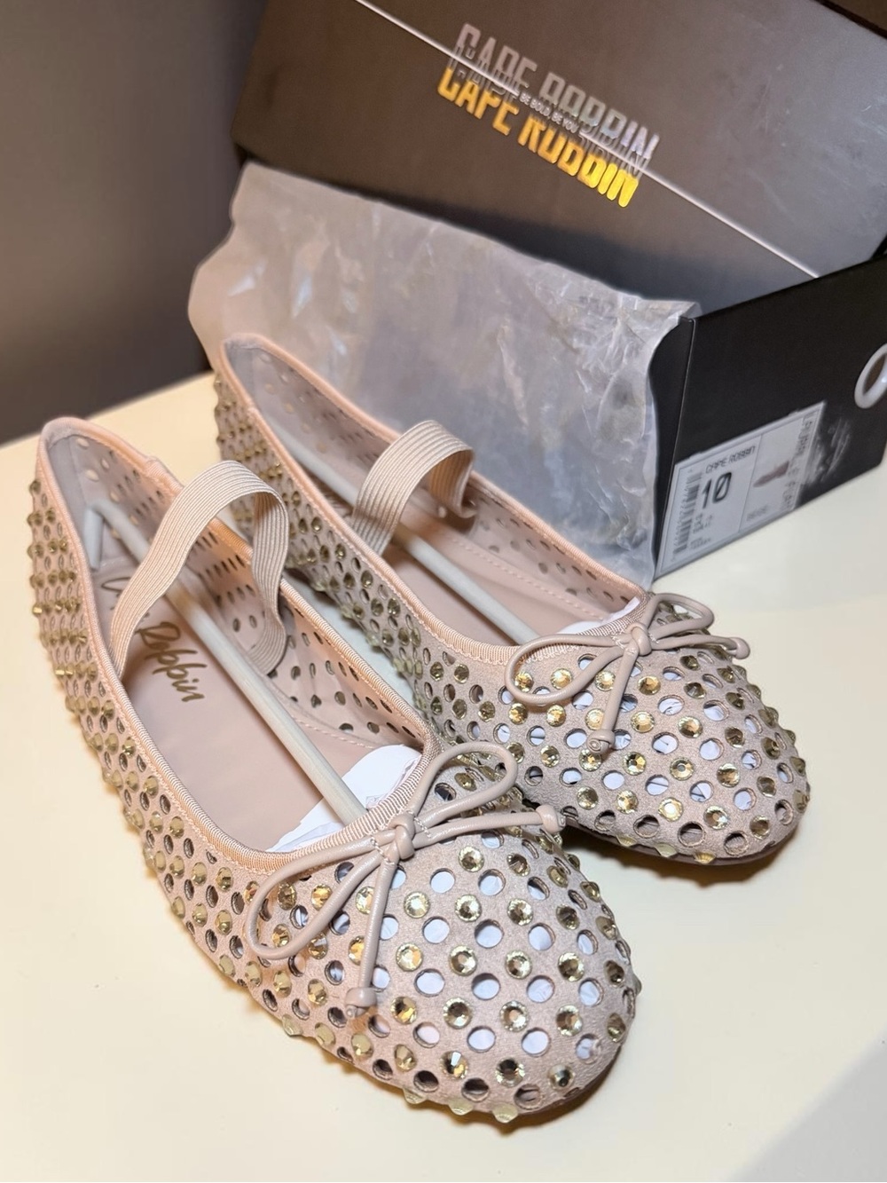 Rhinestone Studded Ballet Flats Mary Jane in Beige Size 10 Cape Robbin Lauralee